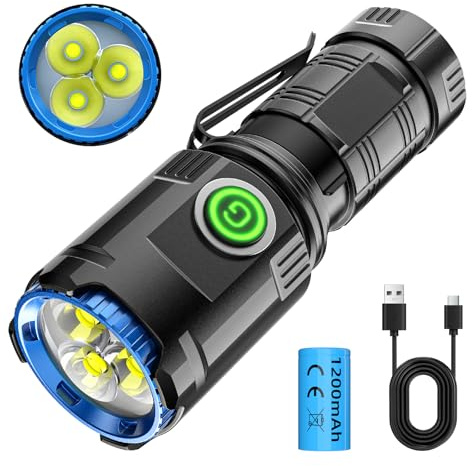 GEARLITE EDC Mini LED Taschenlampe Extra Hell 5000 Lumen, 5 Modi Taschenlampen LED Aufladbar mit Magnetische Klappe, 3×starke LEDs, Handlampe IPX4 Wasserdicht für Stirnlampe (EDC Taschenlampe)