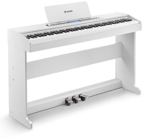 Donner DDP-95 Digitalpiano mit 88 gewichteten Tasten für Anfänger, kabellose Verbindung, Aufnahmefunktion, 11 * 5 cm LCD, 610 Klangfarben, 600 Rhythmen, 110 Demos, 3 Lernmodi, Standardgröße, Weiß