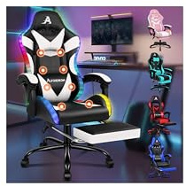 ALFORDSON Gaming-Stuhl Massage LED Gamer-Stühle, ergonomisch Schreibtischstuhl Bürostuhl 150° Neigung,360° Drehstuhl, einziehbarer Fußstütze, höhenverstellbar, 180 kg Tragkraft, PU-Leder,Weiß
