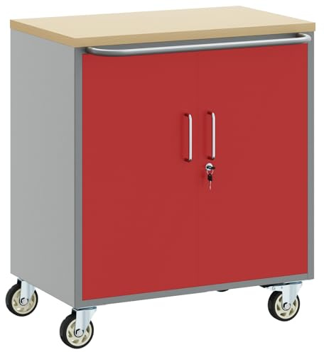 vidaXL Industrieller Rollschrank mit höhenverstellbaren Regalen Rot und Grau Werkzeug Organizer Breites Aufbewahrungssystem für Garage Werkstattlösungen Metall Holzwerkstoff Arretierbare Räder Regal