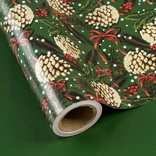RUSPEPA Wendbares grünes Weihnachtsgeschenkpapier – Mini-Rolle – 43,2 cm x 10 m – Tannenzapfen mit roter Schleife und einfarbigem Grün – Geschenkpapier für Weihnachten, Partys und andere Anlässe