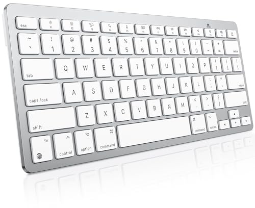 OMOTON Tastiera wireless per Mac/MacBook Pro/Air, 14 scorciatoie multimediali, design sottile e portatile, tastiera Bluetooth stabile, colore bianco argento