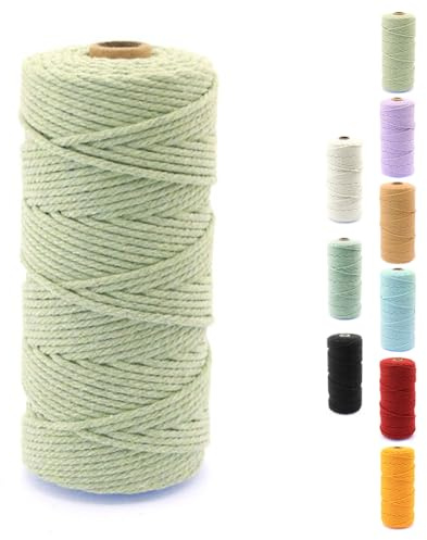 Hilo de macramé de 3 mm, 100 m, 100 % cuerda de algodón natural, cordón de algodón, 4 cordones para manualidades, cordel decorativo, perfecto para manualidades, manualidades, jardinería (verde)