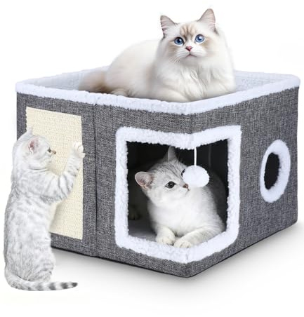 Casa para gatos plegable para interior, cama para gatos, cueva para gatos, casa lavable, con una pelota de juguete colgante, una tabla rascador para gatos, adecuada para mascotas pequeñas y medianas