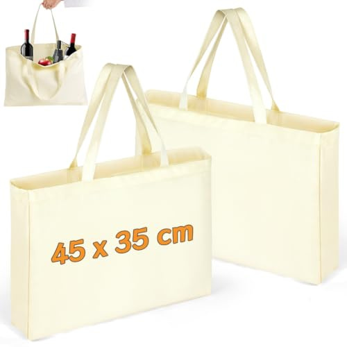 Adiwo Borsa Shopper Donna Tote Bag 35 cm x 45 cm, 2PCS Shopper Cotone The Tote Bag, naturale, non stampata, a manico lungo, borsa in tessuto per la spesa, Borse da Stampare o Dipingere