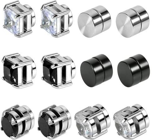 6 Pairs Magnetic Earrings, Magnetic Earring for Men Women, Cubic Zirconia Magnet Earrings Set, Fake Earring Non Piercing for Women Men Birthdays, Anniversaries, Christmas