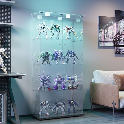 BPKADHY Glasvitrine Standvitrine mit LED,Modern Glas Vitrinenschrank für Sammlerstücke Bücher Wein,4 Glasböden & 2 Türen abschließbar,163x78x35 cm, Schwarz (Schwarz, 2 Tür 4 Lagen LED-A)