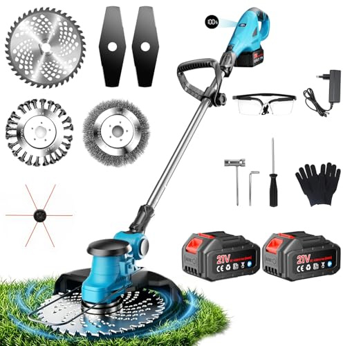 Rasentrimmer mit Akku, 1000W Freischneider mit LCD-Anzeige, Akku Rasentrimmer Mit Zwei 4,0 Ah Akkus und 4 Klingentypen, Bürstenloser Rasenkantenschneider mit Seitenrädern für Garden und Rasen (Blue)