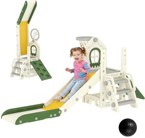 AIYAPLAY Tobogán Infantil Plegable 5 en 1 para 1-3 Años Blanco Crema | Tobogán para Niños con Escalador, Aro de Baloncesto, Pelota, Almacenamiento, Peldaños, Fácil de Montar y Limpiar