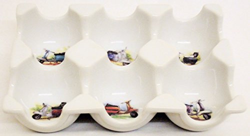 Lambrettas 6 huevos soporte para bandeja de color blanco de cerámica huevera decorada a mano en el Reino Unido entrega GRATUITA Reino Unido