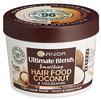 Garnier Ultimate Blends Coconut Hair Food Multi-Use Mask, Up to 48H Anti- Frizz, Boosted with Vitamins C, E, F, 400ml, 97% Natural Origin Ingredients, No Silicone for a natural feel, Vegan Formula