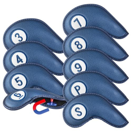Lot de 9 housses de tête de club de golf pour fers à repasser avec fermeture magnétique - Chiffres imprimés des deux côtés - Cuir synthétique de luxe professionnel (bleu)