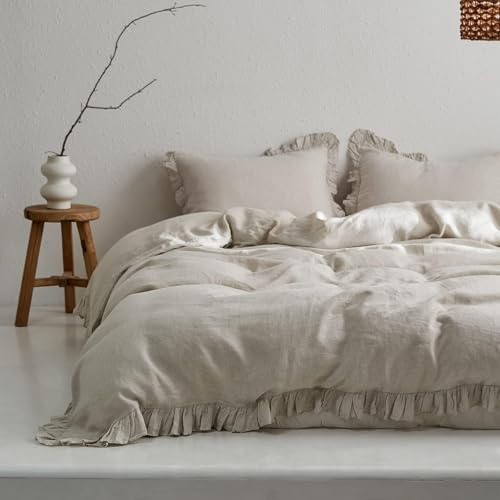 Simple&Opulence 100% Linen Duvet Cover Set, 3 PCS Natural French Flax Ruffle Duvet Cover Queen Size, Breathable Comfy Linen Bedding Comforter Cover with 2 Pillowcases (Natural Linen, 88 X 92)