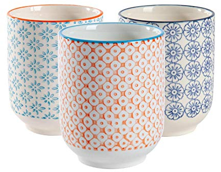Nicola Spring Hand-Printed Tumbler - 280ml - 3 Colours - Pack of 6 - No Handle Hot Chocolate Cups Breakfast Tea & Coffee Mugs for Kitchens, Cafes & Restaurants