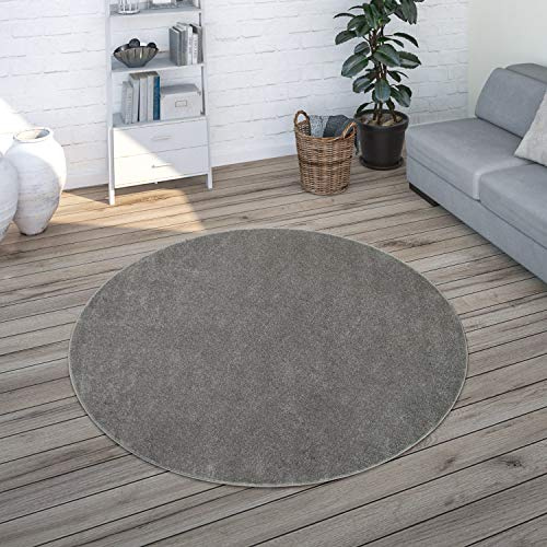 Paco Home Teppich Wohnzimmer Schlafzimmer Esszimmer Kurzflor Moderne Optik Einfarbig Pastell, Grösse:160 cm Rund, Farbe:Anthrazit