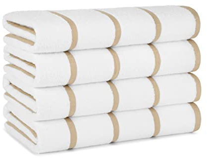Arkwright Las Rayas Striped Beach Towel - Pack of 4 - Soft Plush Quick Dry White Cotton Terry Towels Set for Pool, Swim, and Hot Tub, 480 GSM Thick & Absorbent, 30 x 60 in, Beige