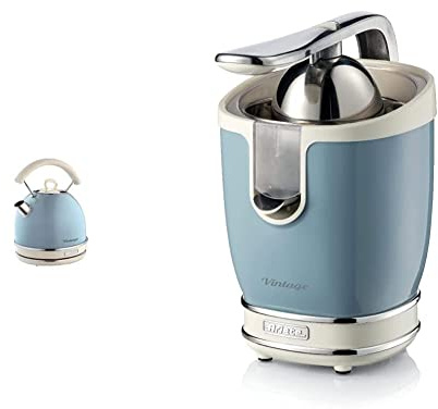 Ariete 413 Presse-agrumes vintage électrique avec levier, 2 cônes pour fruits grands et petits, bleu ciel & Vintage Bouilloire Électrique, 2000 Watts, 1,7 L, en Acier Inoxydable Peint en Bleu Pastel