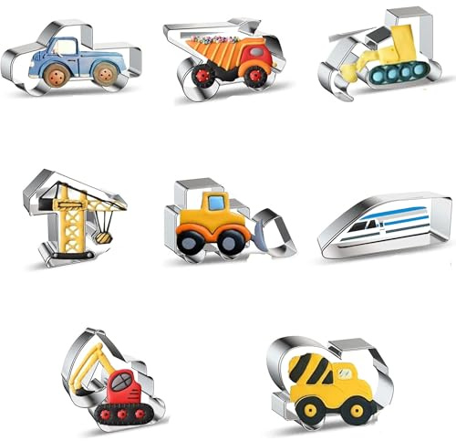 JIUAI Construction Cookie Cutter, 8 PCS Stainless Steel Biscuit Cutters, DIY Construction Cookie Cutters Set with Truck Digger Bulldozer Electric Rail Car Excavator for DIY Baking, Party, Kids