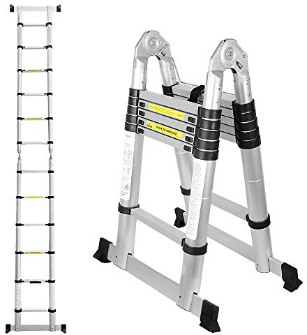 Tubiaz - Scala telescopica in alluminio, blocco di sicurezza su più gradini, allungabile, antiscivolo, multiuso, carico massimo 150 kg, 3,8 m (1,9 m + 1,9 m)