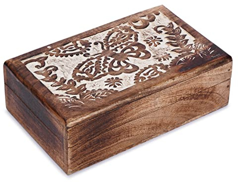 Ajuny Caja Joyero de Madera de Mango 8x5 Pulgadas, Cofre Decorativo Blanco Marrón con Mariposas Talladas, Organizador de Joyas, Baratijas y Recuerdos, Regalo para Mujer y Amantes de las Mariposas