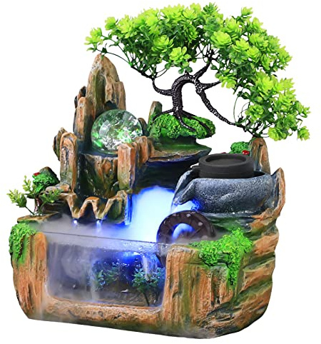 Gdrasuya10 Indoor Fountain, Tabletop Rockery Fountain with LED Lights, Goldfish Waterfall, Durable Resin Material, Ideal for Office, Home, Bedroom