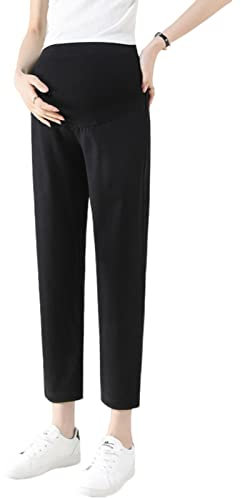 Pantaloni Premaman da Donna Pantaloni Corti a Gamba Dritta Tasche Regolabili in Vita Super Confortevoli (L, Nero)