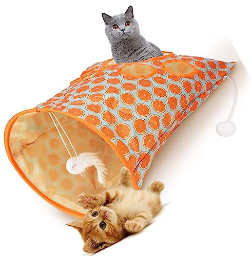 Katzentunnel-Taschenspielzeug, 5 Löcher, Interaktives Niedliches Muster, Haustier-Bohreimer, Kratzfest, Leicht, mit Plüschbällen für Katzen (Orange)