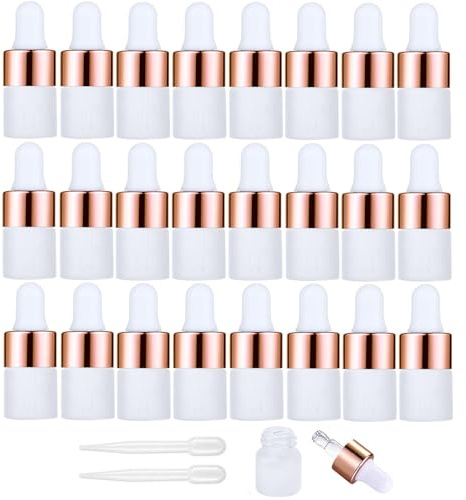 Apstaqeoo 24Pcs, 2Ml Frosted Glass Sample Dropper Bottles, Empty Mini Bottles with Dropper Pipettes Rose Gold Aluminum Alloy Cap Refillable Sample Container for Essential Oils Perfume Cosmetic Liquid