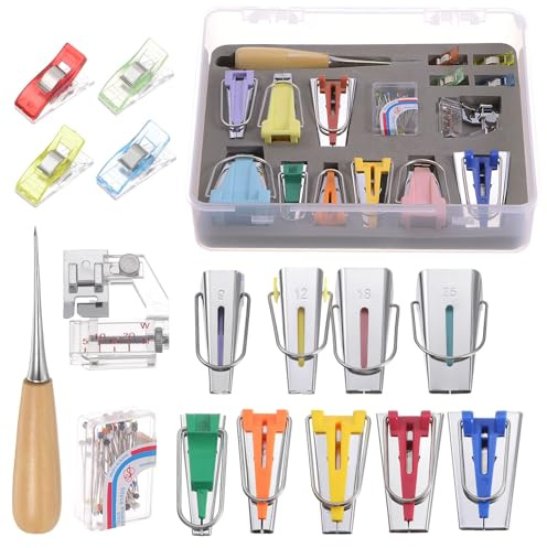 uxcell Bias Tape Maker Kit 6mm 9mm 12mm 18mm 25mm Single Double Fold Fabric Bias Binding Maker Tool with Positioning Pin, Awl, Presser Foot, Clips for Quilting Sewing Crafting DIY