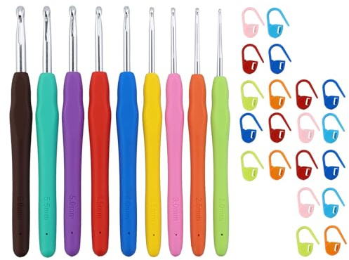 Set di 29 uncinetti, 9 pezzi, kit di ferri da maglia in alluminio, impugnatura morbida ergonomica, per mani artritiche, con 20 pennarelli