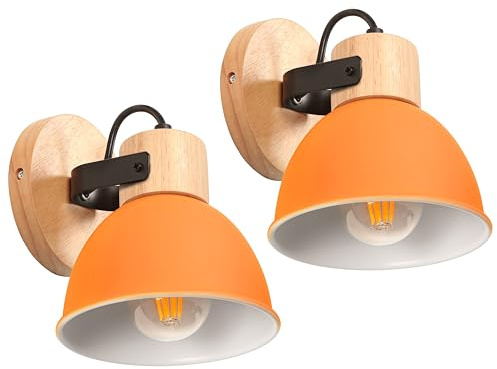 iDEGU 2 Stücke Wandleuchten Innen Vintage Wandlampe aus Holz und Eisen Industrie Design Lampe Retro Wandstrahler Verstellbare Deckenleuchte Wandspot Wohnzimmer Schlafzimmer Küche (Orange)