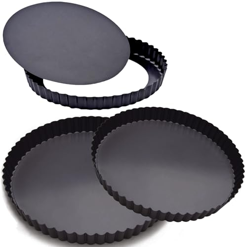 EGEN Quiche Tart Pan Tin, 28&26&24cm Removable Loose Base Bottom Carbon Steel Tart Pie Mould Set of 3 (28&26&24cm)