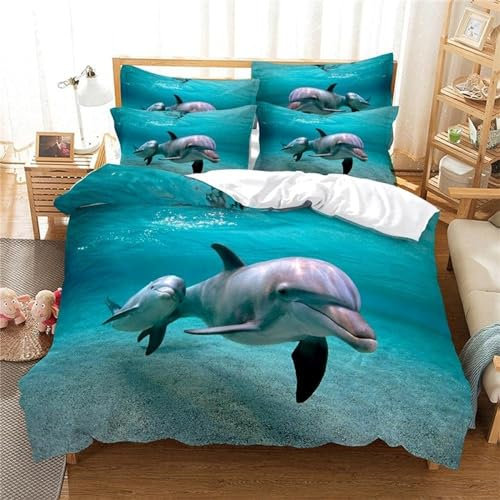 Bettwäsche 135x200 Bettbezug Winter Bettwäsche-Sets Delfin Muster Weich Hypoallergen Baby Bettwäsche Set mit 2 Kissenbezüge 80x80 cm, Geeignet für Jungen Mädchen Kinder