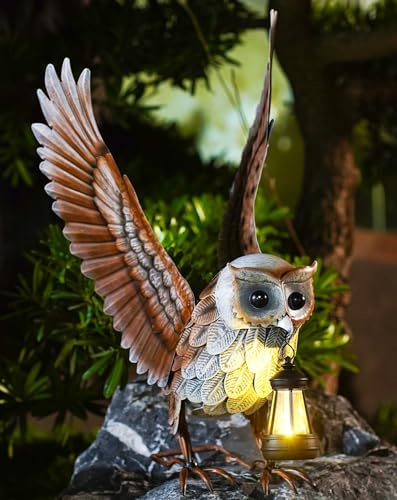 Metall Eule Figuren mit Solarlampen Gartendeko für Außen 53.5CM | Eulen Vogel Gartenfiguren, Lustige Geschenke für Frauen Männer Mama, Deko Wohnzimmer Garten Balkon Wetterfest Deko