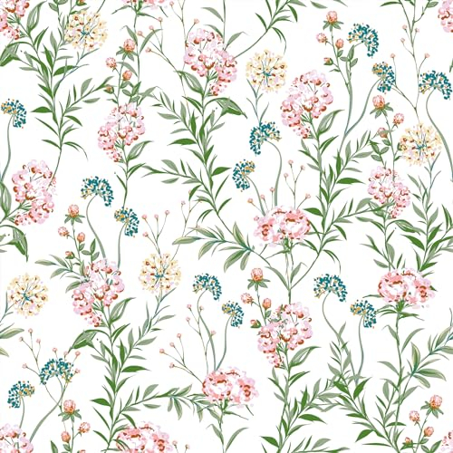 VEELIKE Tapete Blumen Weiß Blumentapete Hortensien Rosa Tropische Blätter Möbelfolie Muster Tapete Wohnzimmer Modern Fototapete Schlafzimmer Romantik Klebefolie Möbel Wandtapete Flur 44.5cm×300cm