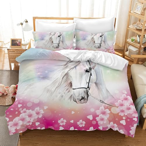 Leleyouzer Housse de Couette Cheval 200×200cm,Parure de Lit Enfant,Housse de Couette Microfibre avec Fermeture éclair + Deux Taies d'oreiller 50x75 cm(Hourse 4)