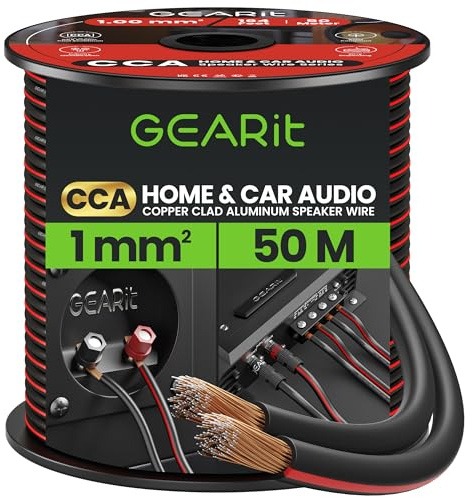 GEARit 18 Gauge Speaker Cable 50m, Flexible 2x1mm² Speaker Wire with Polarity Markings, 18AWG CCA Audio Cable for In-Wall Home Cinema, Car Audio Stereo, HiFi Surround Sound (Black)