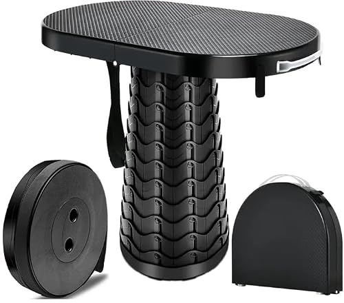 Omana 2 in 1 Klapptisch + Teleskophocker Camping Tragbar Verstellbar Einziehbar Zusammenklappbar Schwerlast Hohe Tragfähigkeit Campingstuhl Angeln Wandern Grillen Outdoor Indoor Küche