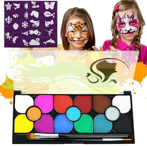 NebulaGlam Kinderschminke Set, 15 Farben Face Paint Body Paint für Kinder und Erwachsene, Schminkfarben Schminkpalette mit 2 Berufs Pinsel, 40 Tattoo-Vorlagen, für Halloween Karneval Make-up Fasching