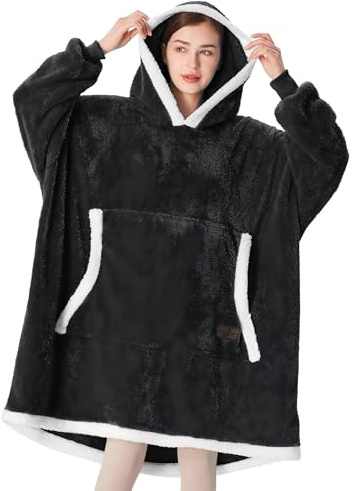 Oversized Hoodie Blanket, Warm Gifts for Women Men, Fluffy Sherpa Lining Wearable Hooded Sweatshirt Blanket, Giant Hoodies Sweater with Front Pocket for Adults Couple Friends, Black