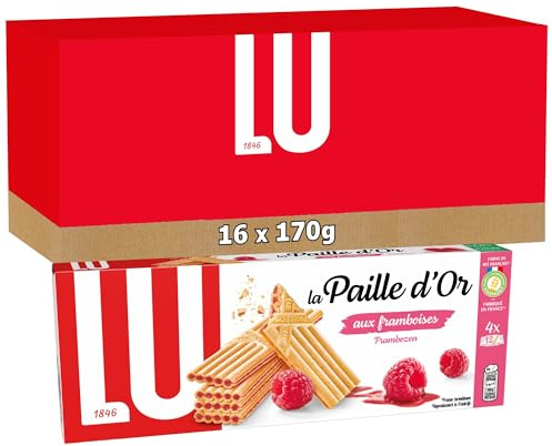 LU - Paille D'Or - Gaufrette Croustillante Fourrée à la Confiture de Framboise - Idéal Goûter, Petit Déjeuner, Snack - 16 Boîtes de 170 g