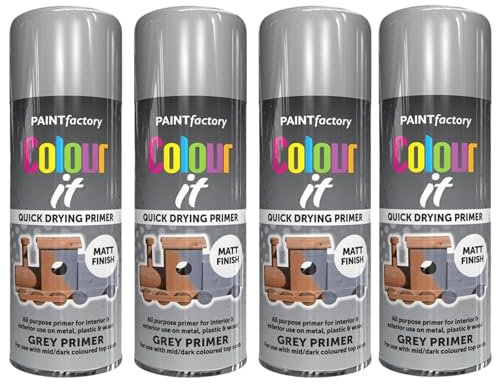 GSV Essentials Grey Primer Spray Paint, Quick-Drying Formula, DIY Projects, Easy To Apply, Suitable For Both Interior And Exterior Use, Long-Lasting, 250ml, (4 Pcs)