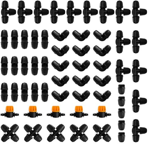 VooGenzek 60 Piezas Juego de Accesorios de Irrigación para Tubo 4/7 mm, Conectores de Púas de Manguera para Sistemas de Riego, Válvulas de Compuerta, Tees, 4 Vías, Rectos, Codos