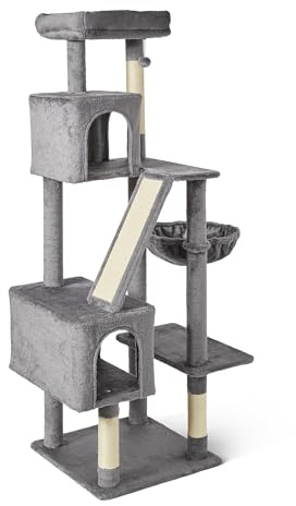 Amazon Basics klösträd i flera våningar med katthus, mysig hängmatta och liggplatser för vuxna katter, interaktiv hängande boll, L – höjd 152,7cm (60,1in), grå