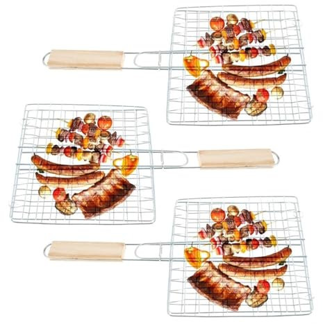 Lot de 3 supports de barbecue avec poignée en bois - Panier de barbecue pour légumes de poisson, steak, côtelettes de crevettes - Grille de barbecue en métal - 23 x 21 cm - Panier à légumes - Spatule