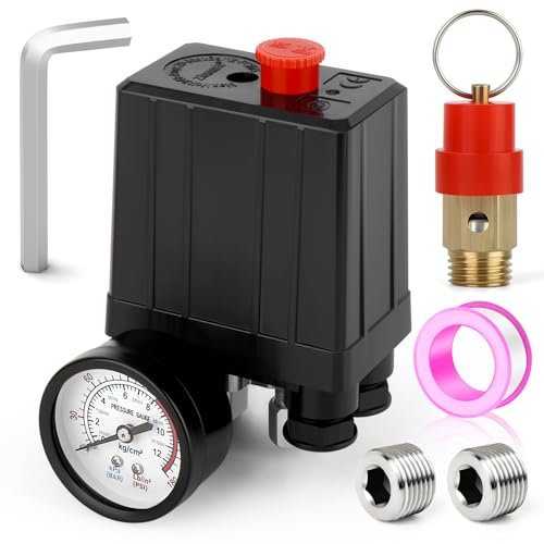 MEANLIN MEASURE Air Compressor Pressure Switch Control Valve 90~120 PSI 110V~240V 4 way Replacement Parts With 0~180 PSI Pressure gauge and Safety Pressure Relief Valve