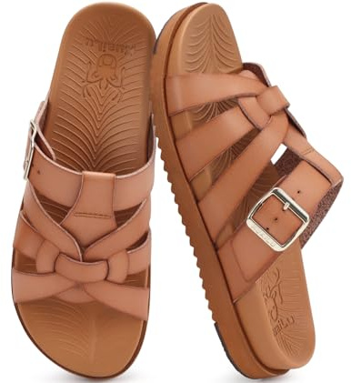 Kuailu Gladiator Sandals for Women Comfortable Arch Support Summer Beach Vacation Walking Travel Flats Orthopedic Strappy Slides Boho Dress Outfits Fisherman Slip on Cushion Leather Shoes Khaki Size 7