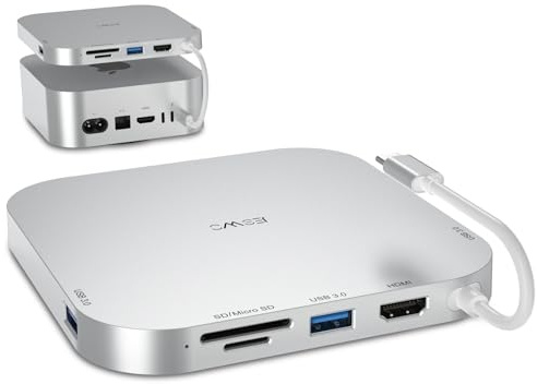 JESWO Base para Mac Mini M4 con HDMI 4K a 60Hz, adaptador multipuerto USB C con USB C a HDMI, 3 puertos USB 3.0, lector de tarjetas TF/SD, estación de acoplamiento para Mac Mini M4/M4 Pro