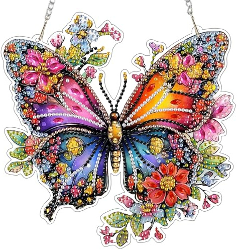 DAERLE Diamond Painting Anhänger, Bunter Schmetterling, Diamond Paintings Fensterdeko Hängend für Erwachsene, Blumen, Diamant Painting Fensterbilder mit Kette für Fenster Wand und Eingang Decor
