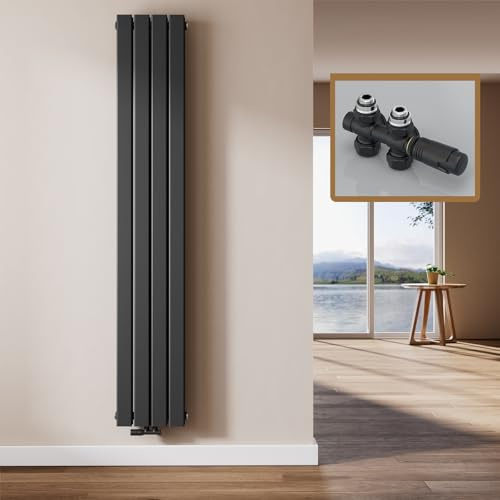 EMKE Design Heizkörper Schmal Hoch, 1800x304 mm Vertikal Flachheizkörper mit Mittelanschluss, Doppellagig Schwarz Paneelheizkörper Wandheizkörper für Bad, Schlafzimmer & Wohnzimmer, 1082W